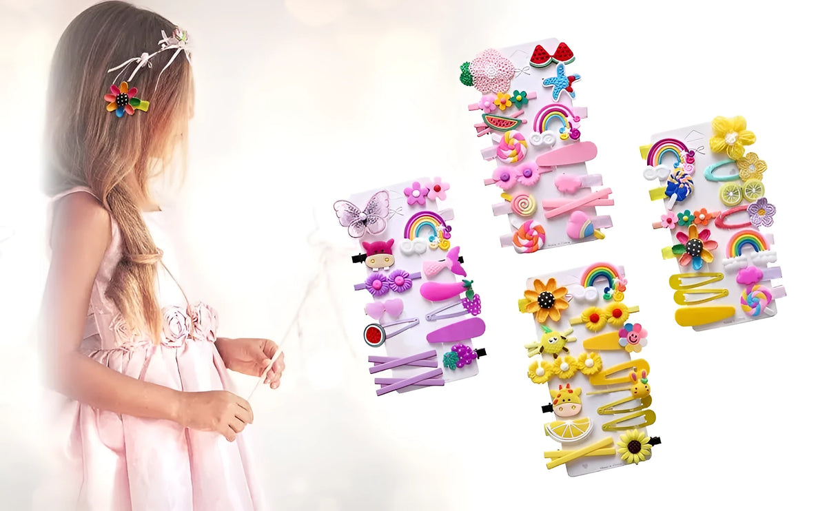 14 piece toddler hair accessories set showing colourful rainbow, candy, fruit, and butterfly shaped barrettes and clips.
