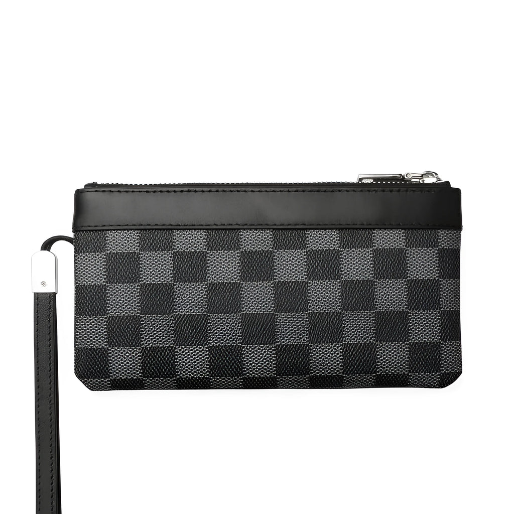 Black men's clutch wallet made from first layer cowhide leather, showing front view.