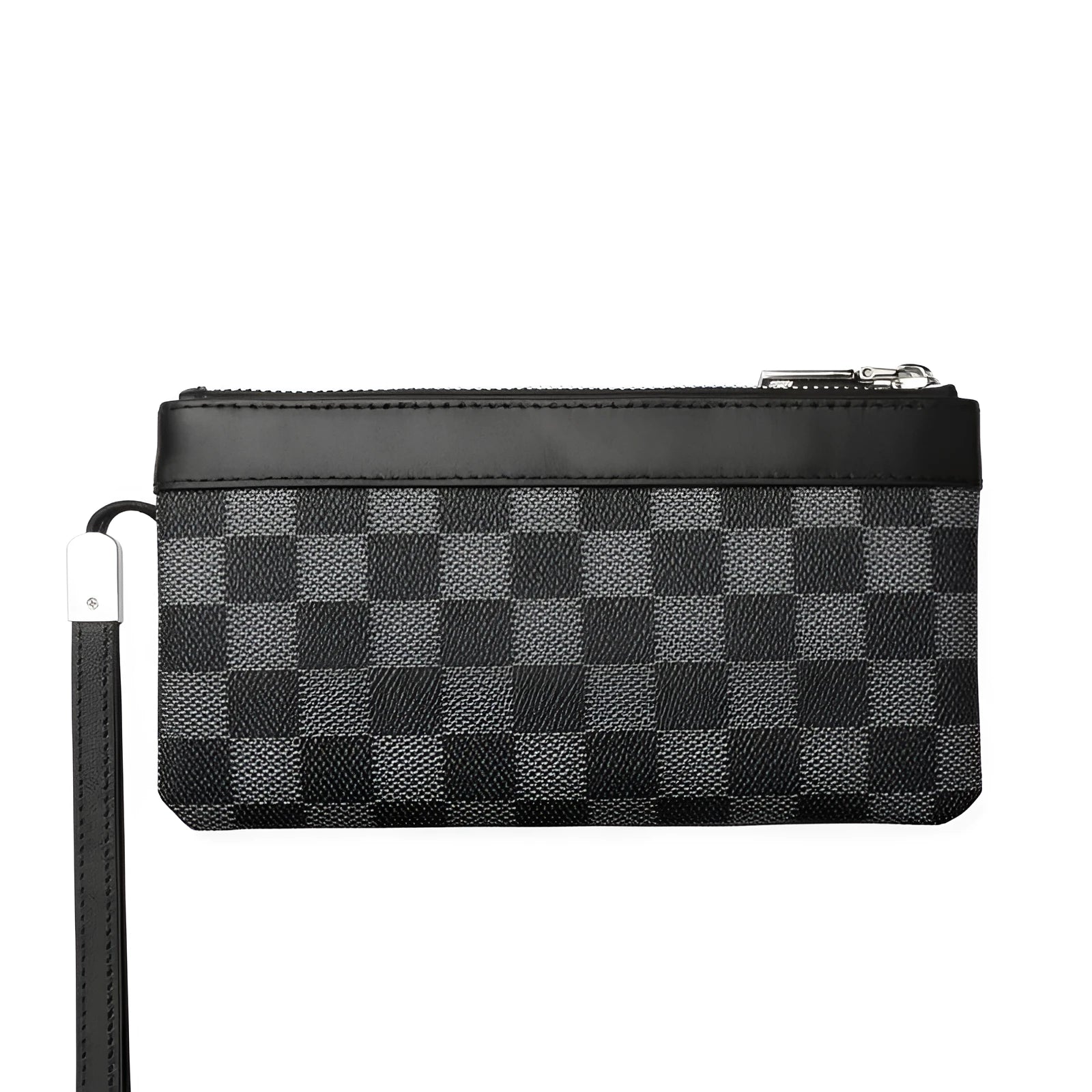 Black men's clutch wallet made from first layer cowhide leather, showing front view.
