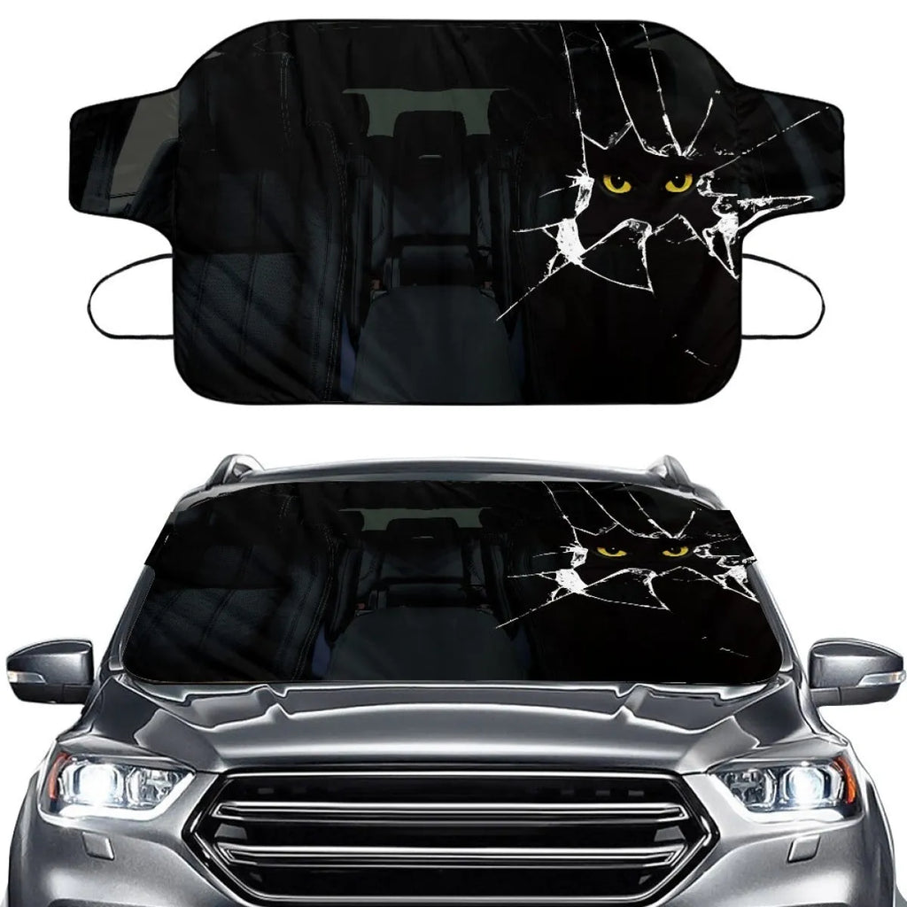 Car front gear snow protection cover showing aluminum film foam polyester fabric construction with lanyard installation system