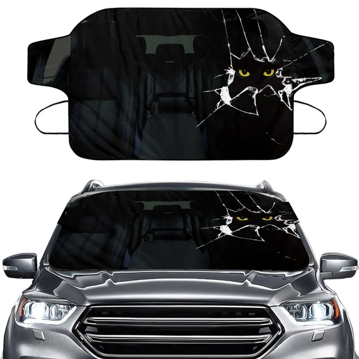 Car front gear snow protection cover showing aluminum film foam polyester fabric construction with lanyard installation system