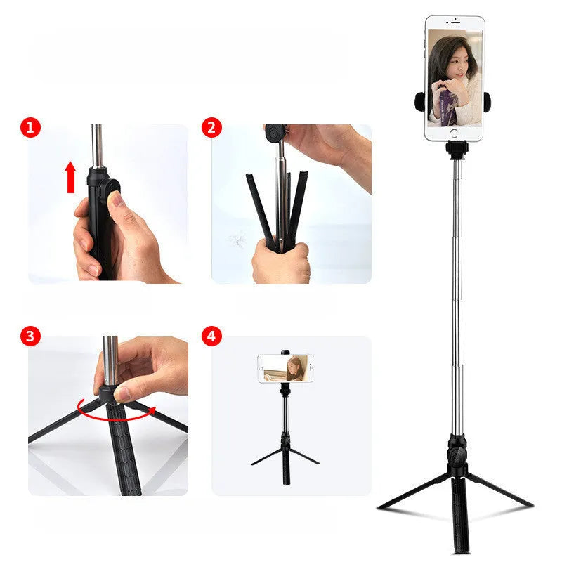 Black aluminium Bluetooth tripod selfie stand for iPhone with extended legs and remote control