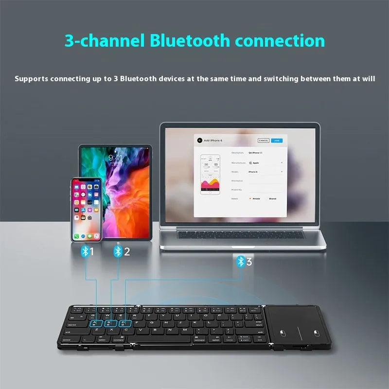 Black foldable Bluetooth keyboard for mobile devices with mute keys