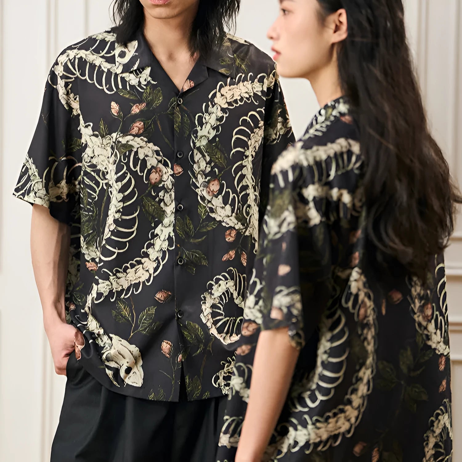 Men's loose fit short sleeve Cuban collar shirt with snake bone floral pattern print in assorted colours.