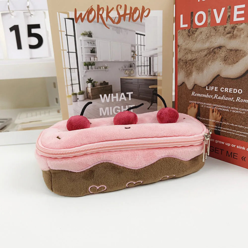 Cherry cake coloured plush velvet pencil bag with Korean style design.