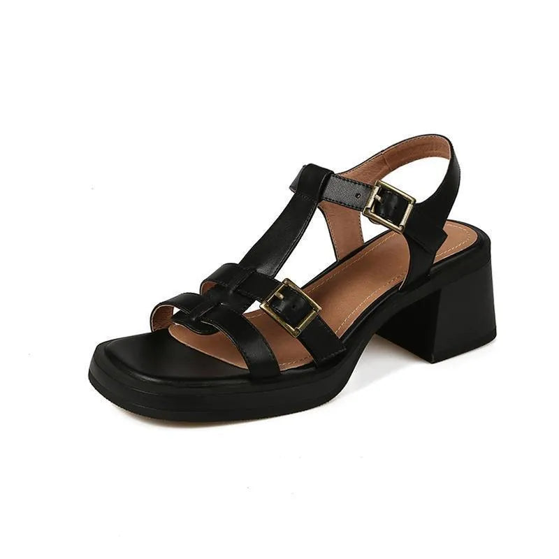 Women's black retro platform sandals with T-buckle fastening and chunky heel