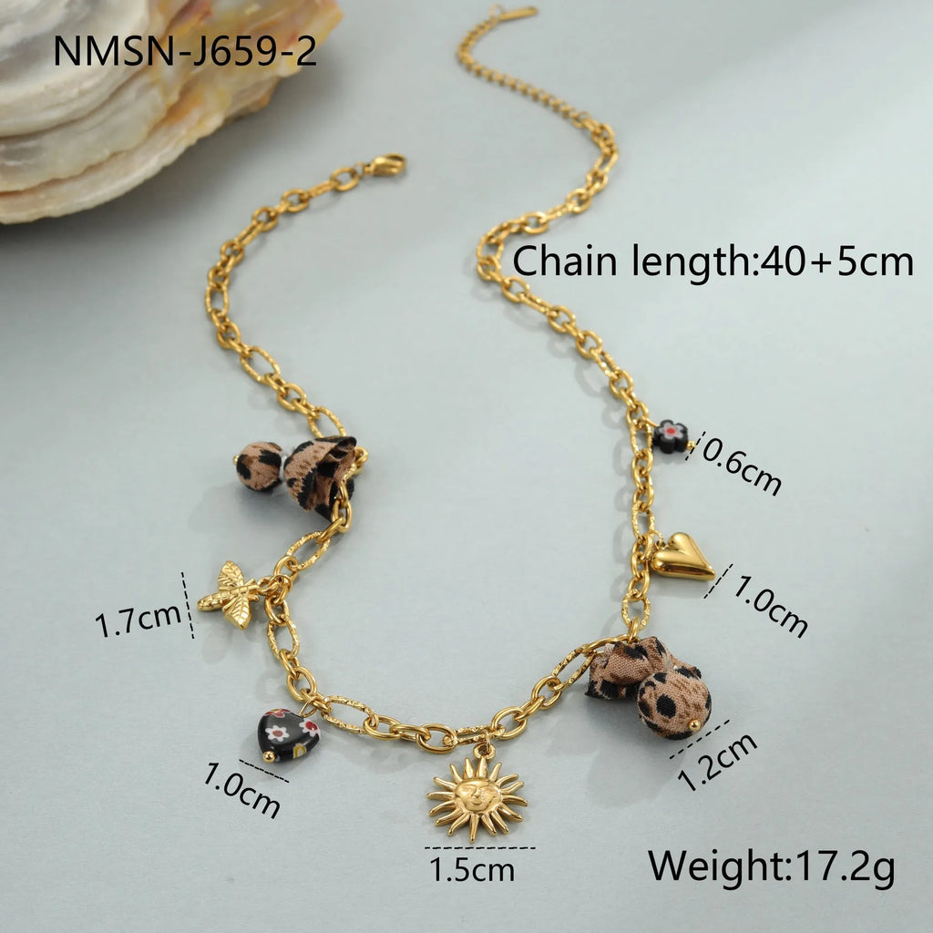 Women's stainless steel necklace with leopard, love heart, and flowers pendant on a regular chain.