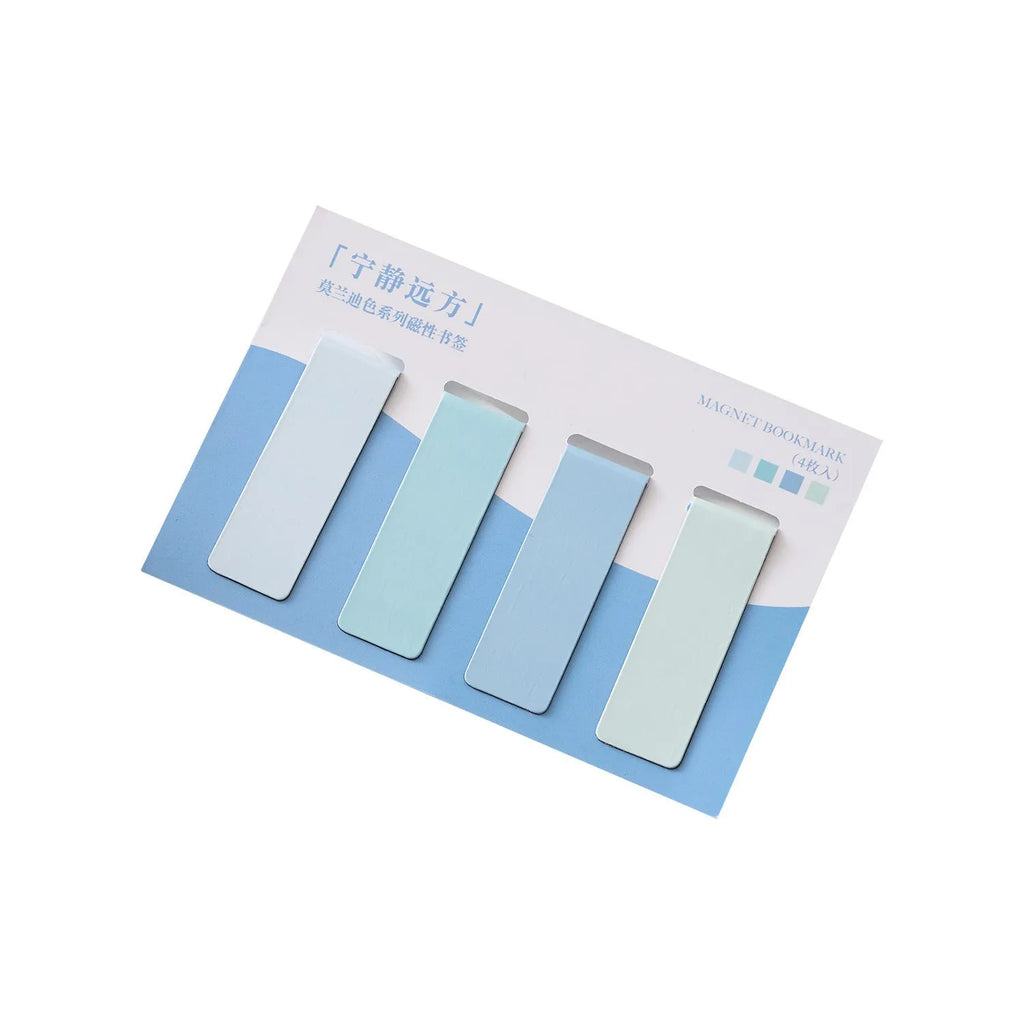 Set of four Morandi colour block magnetic bookmarks showing magnet fastening mechanism