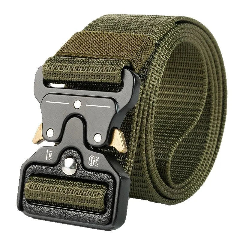 Men's thick canvas tactical belt with alloy release buckle shown in multiple colour options