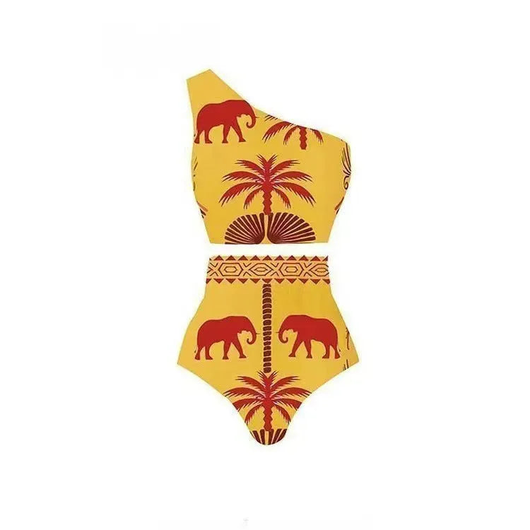 Women's one-piece swimsuit in multiple colours and styles including black, yellow, and printed designs