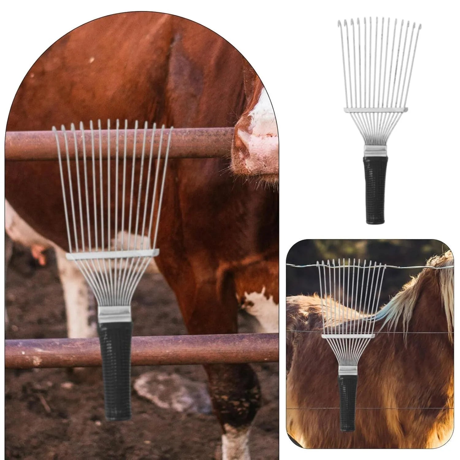 Stainless steel dematting brush rake comb for pet and livestock grooming.