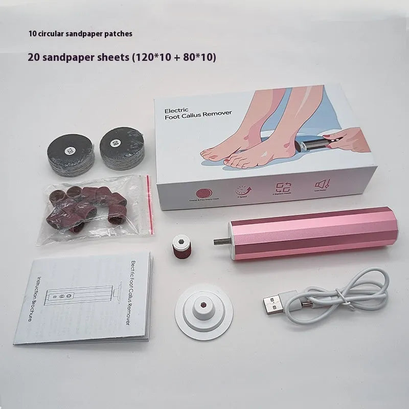 USB-powered electric callus remover tool with assorted sanding discs in pink, black, or purple colour.