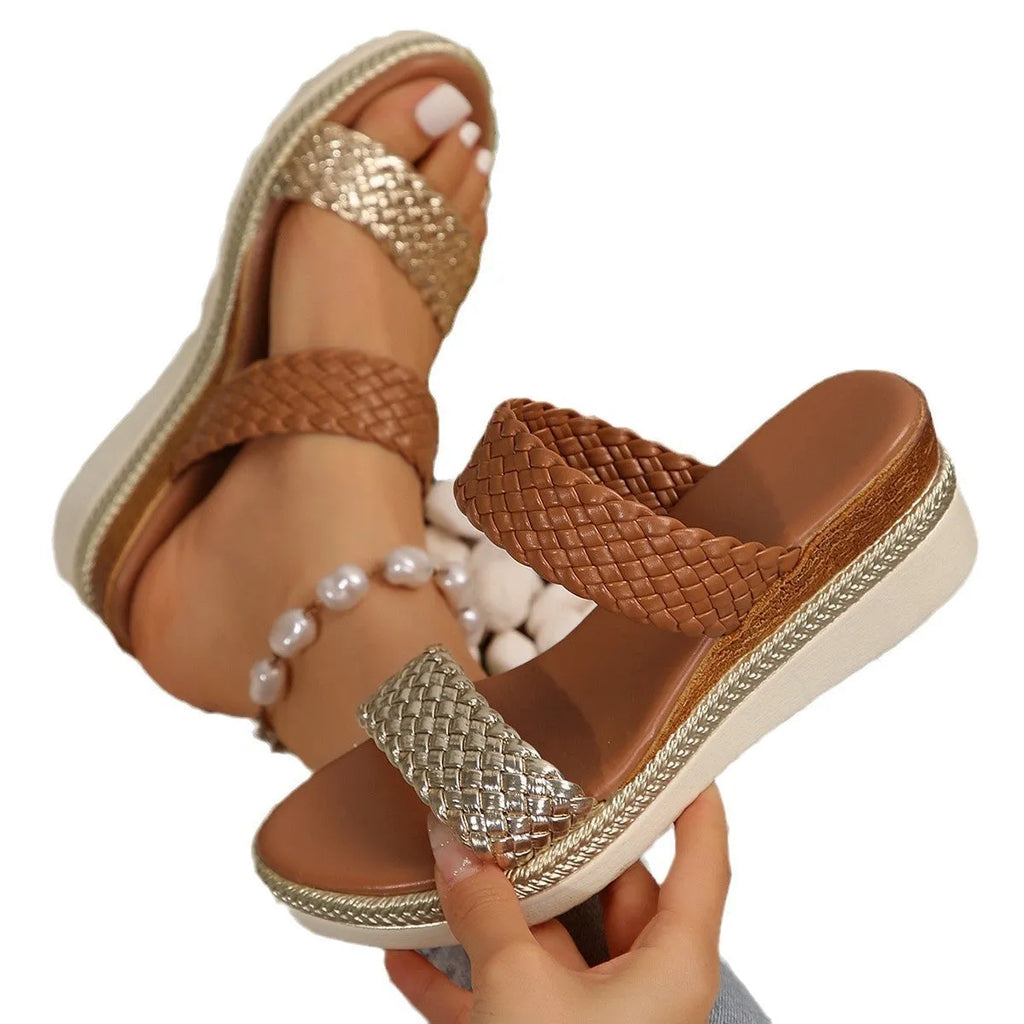 Gold metallic plus size women's wedge sandals with a PU leather upper and rubber sole.