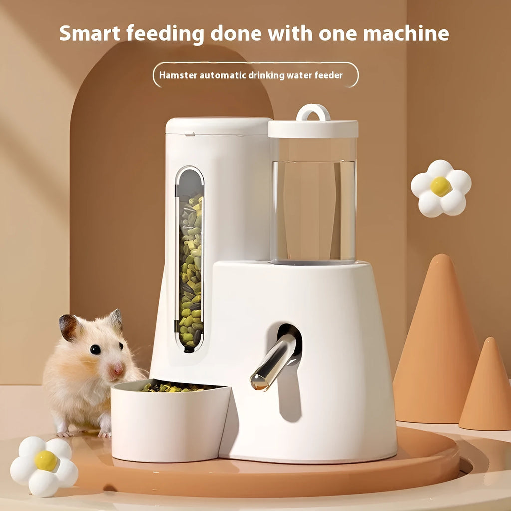 White automatic water bottle holder with attached food basin for a hamster cage.