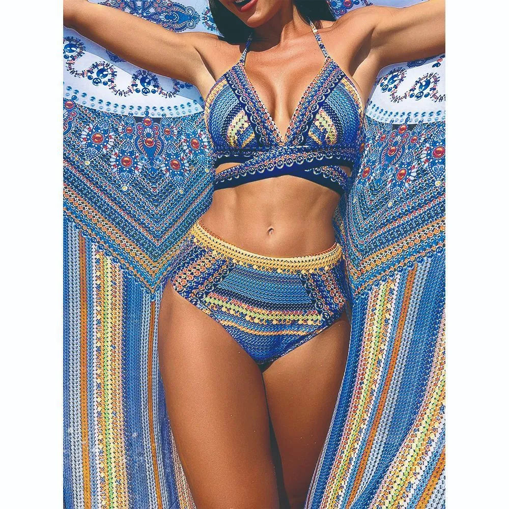 Three-piece high waist bikini swimsuit set with bandage design and veil details