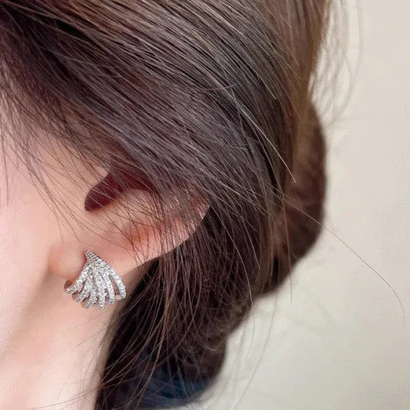 Geometric line design earrings with zircon stones and platinum electroplated finish