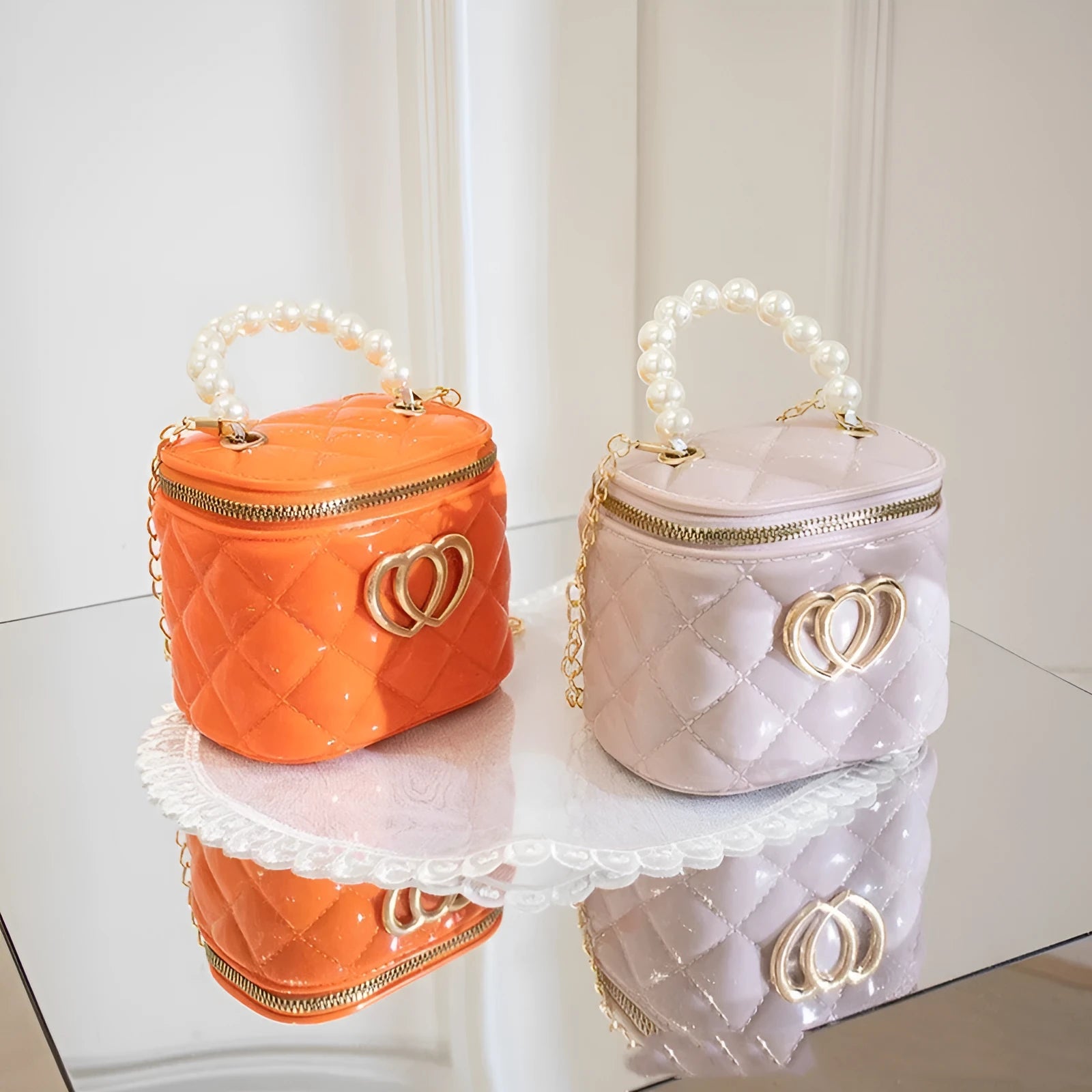 PVC bucket gel handbag with heart pattern in apricot colour showing flexible jelly construction