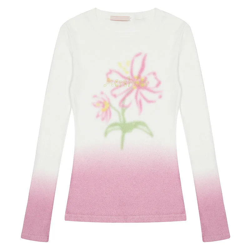 Yellow green women's long sleeve T-shirt with a gradient floral pattern, made from thin polyester fabric.