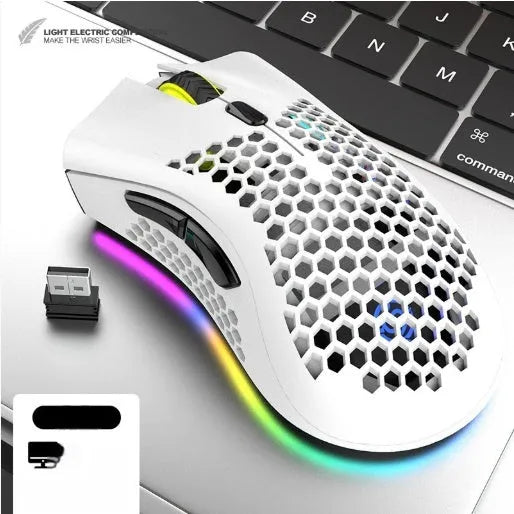 Hollow out game luminous wireless mouse in cyan, black, or white colour with photoelectric sensor