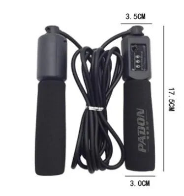 A fitness skipping rope with sponge handles, showing the 3m length and available in black, blue, green, and red colours.