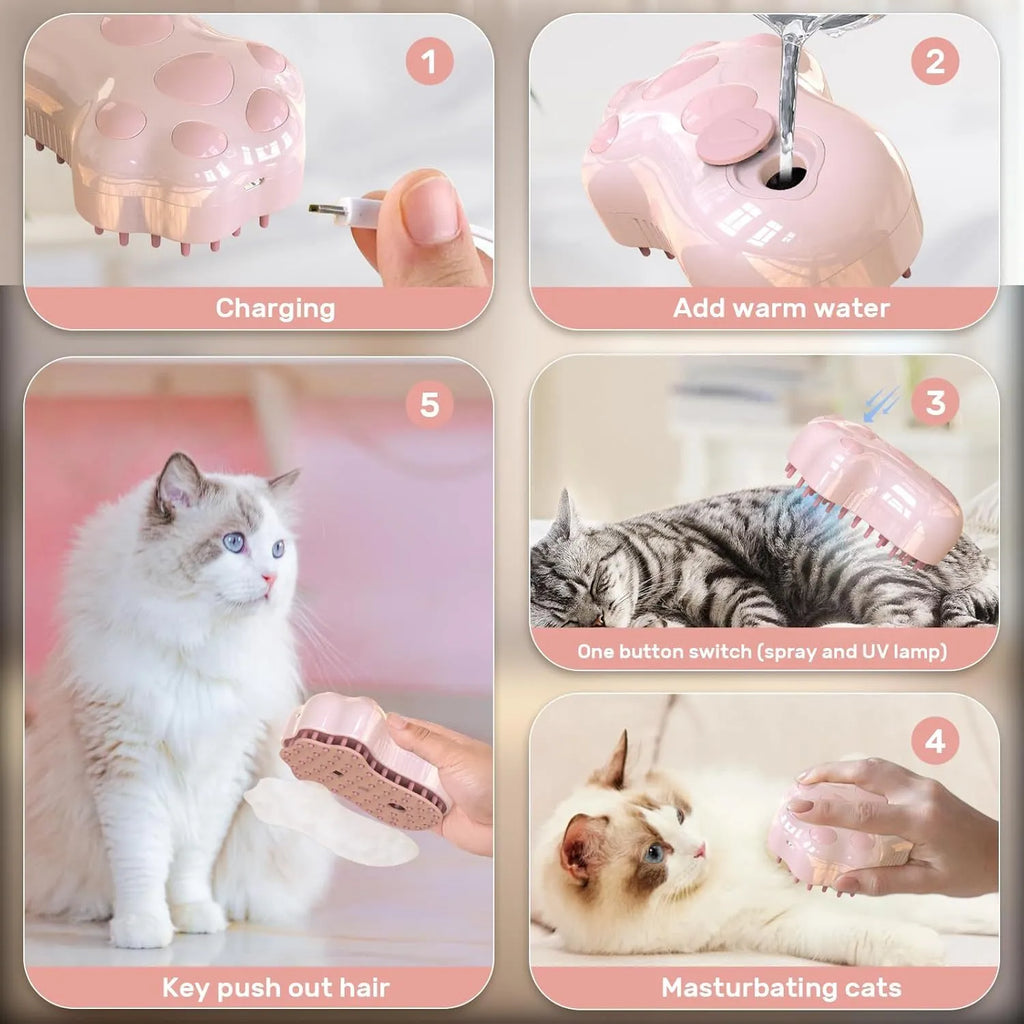 Self-cleaning cat steam brush with silicone bristles and release button in blue, green, or pink colours