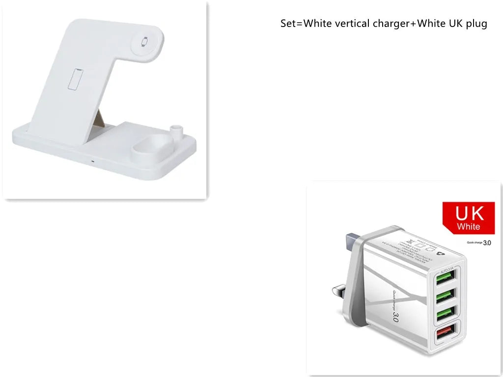 4-in-1 wireless charging station showing phone, Apple Watch, AirPods and Apple Pencil charging simultaneously