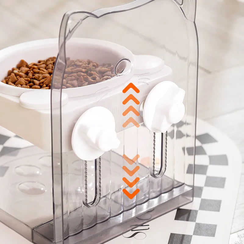 Grey cat feeding bowl with cat ears design, adjustable height, and removable hanging cage attachment