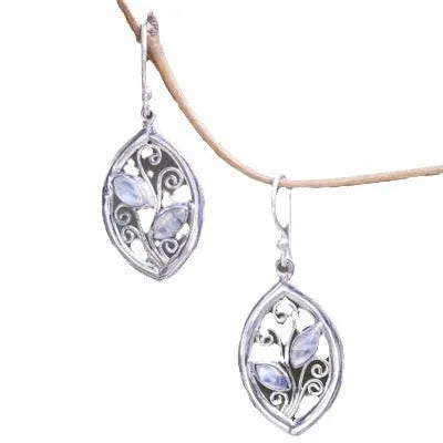 Silver leaf-shaped earrings with colourful embedded moonstones for women