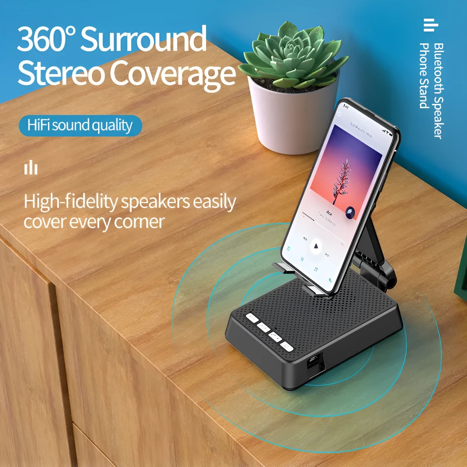Black mobile phone stand with integrated Bluetooth speaker and microphone on a desk