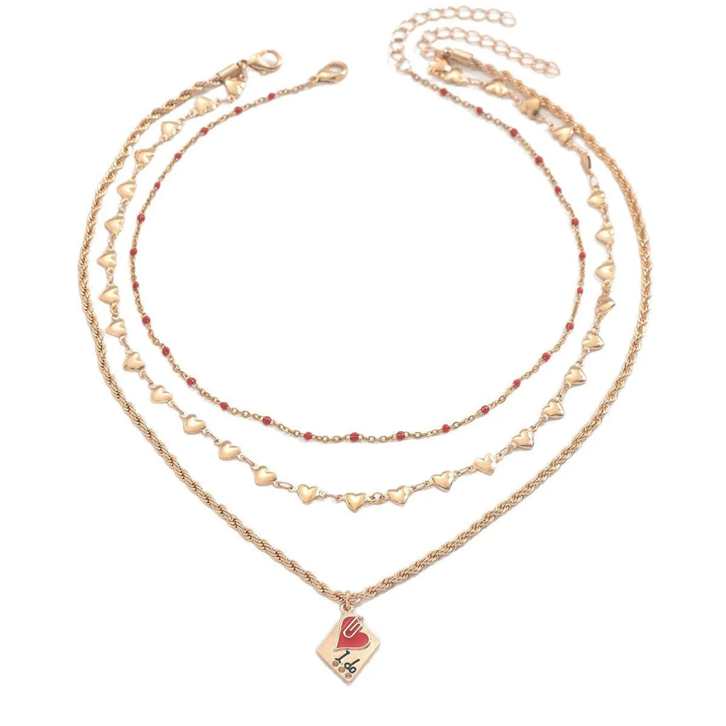 Golden three-layer adjustable clavicle chain necklace with geometric heart pendant