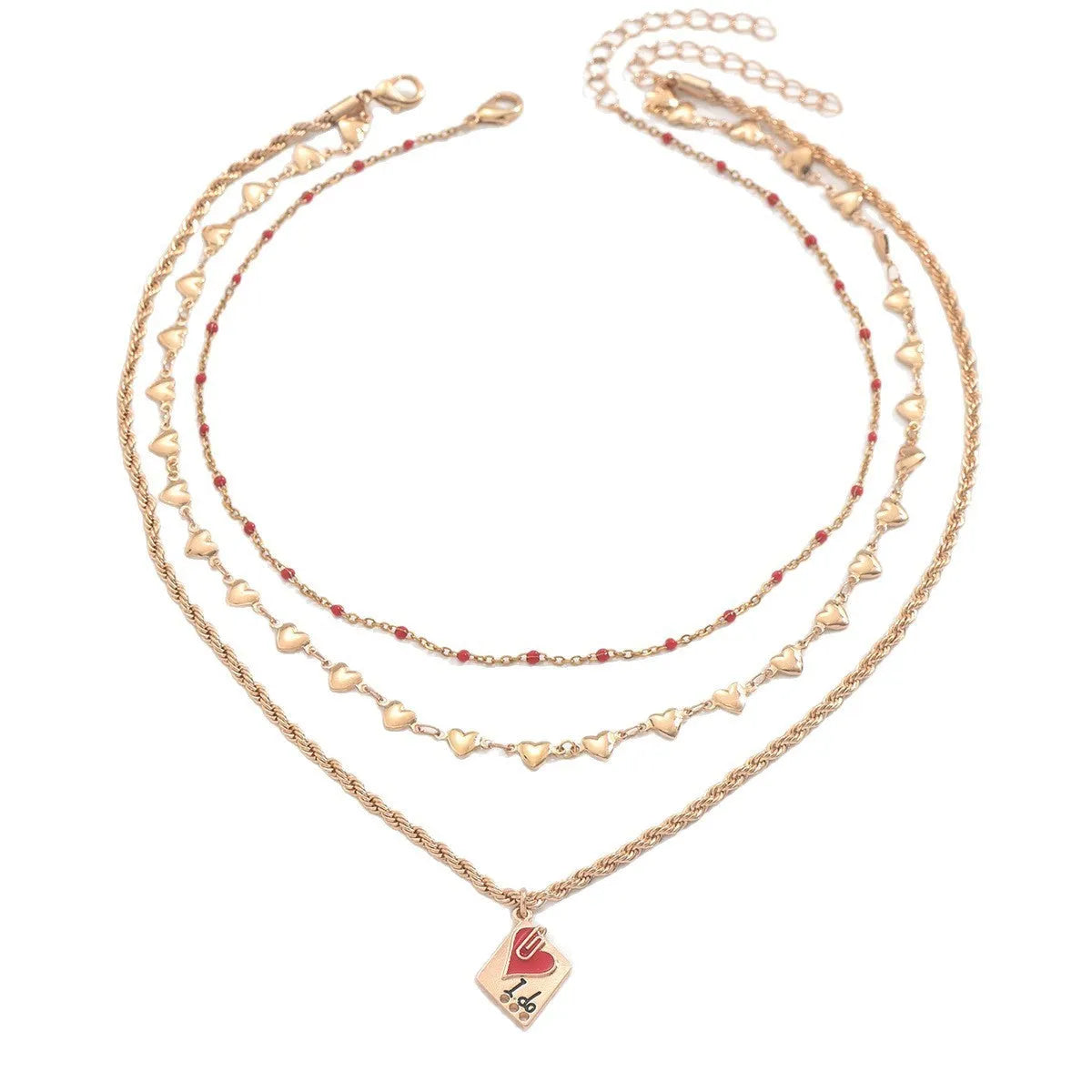 Golden three-layer adjustable clavicle chain necklace with geometric heart pendant