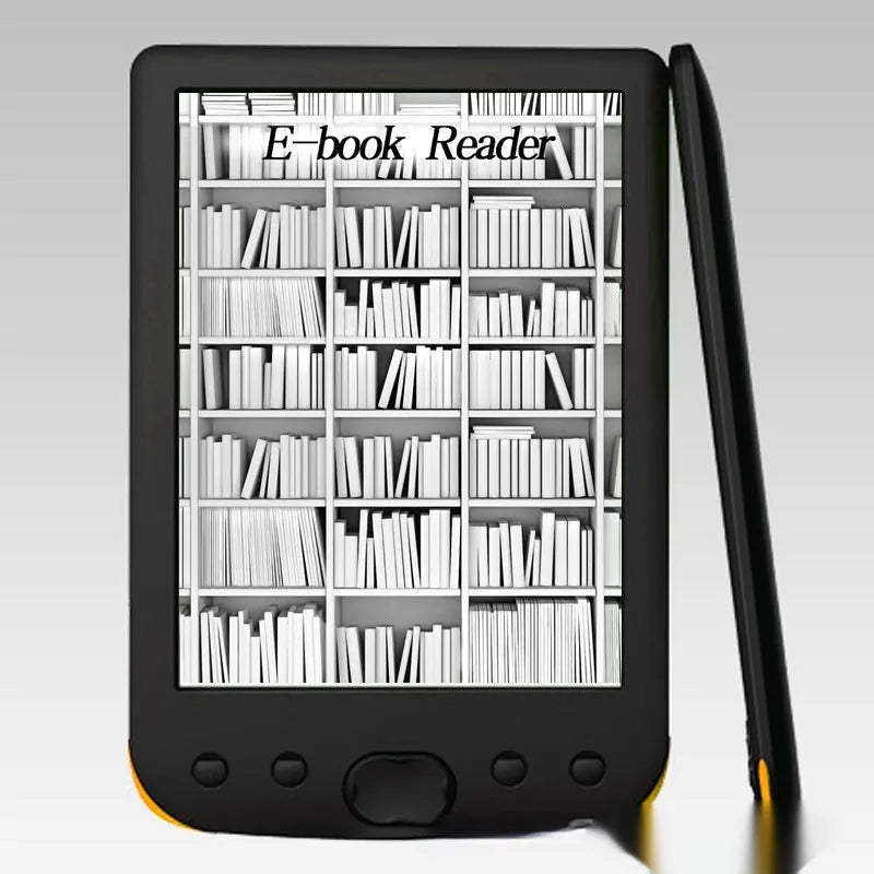 Black 6-inch E-ink screen e-book reader showing book text display
