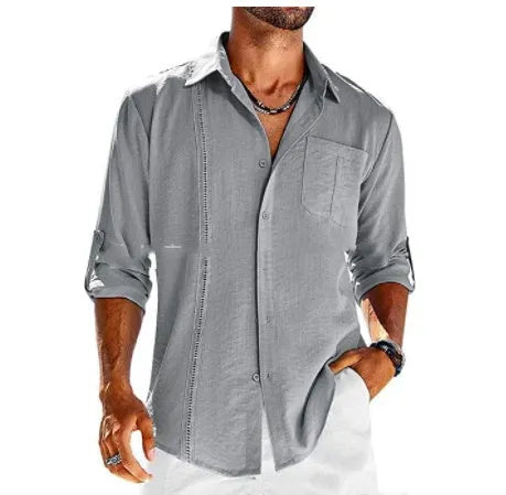 Men's long sleeve casual shirt with polo collar and lace pocket detail in cotton blend fabric