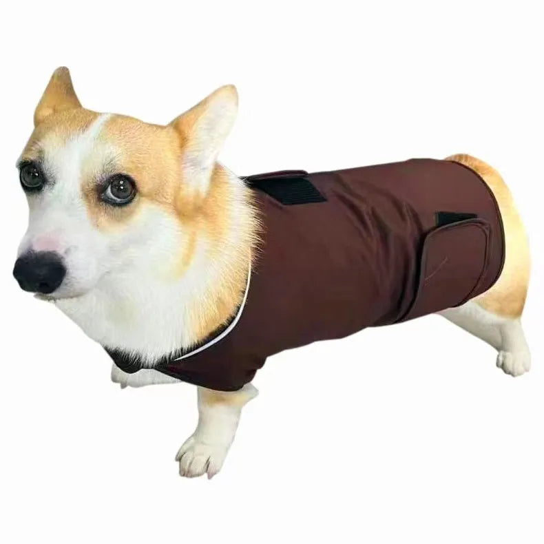 Dog wearing brown brocade cotton tank top for separation anxiety relief