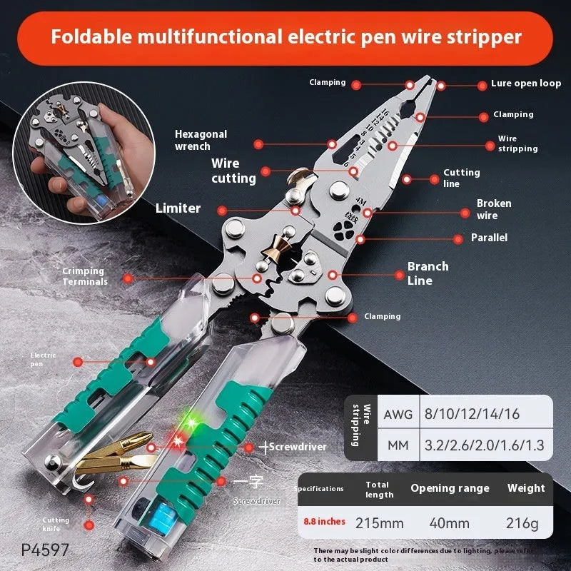 Close-up of a thickened, pointed-nose electricians' pliers and wire stripper tool on a workbench.