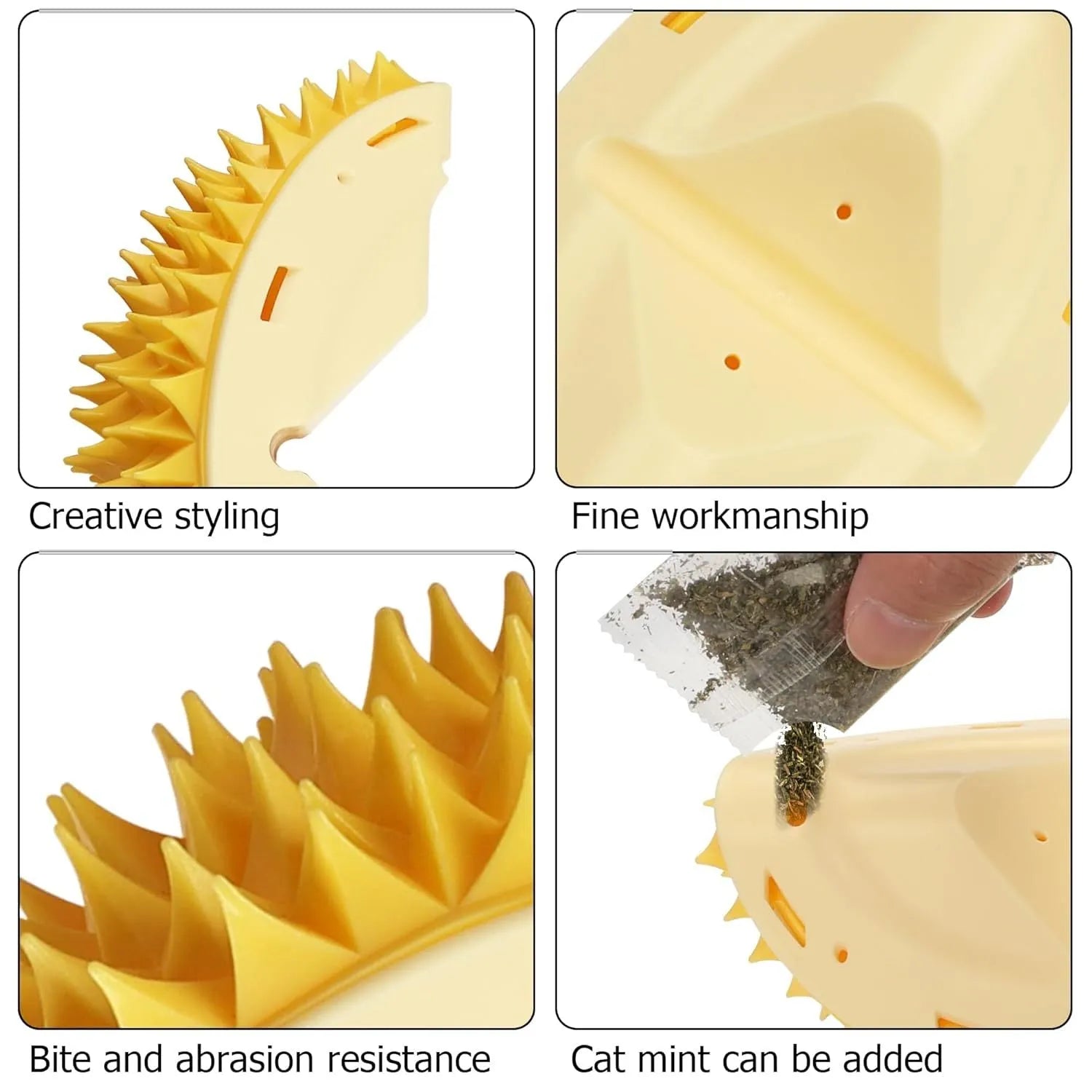 Yellow durian-shaped cat corner scratcher and grooming comb toy with peppermint powder.