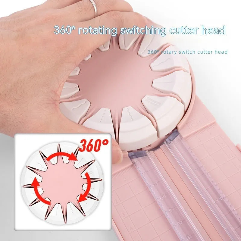 Pink plastic 12-in-1 manual paper cutting machine for decorative edges on craft paper