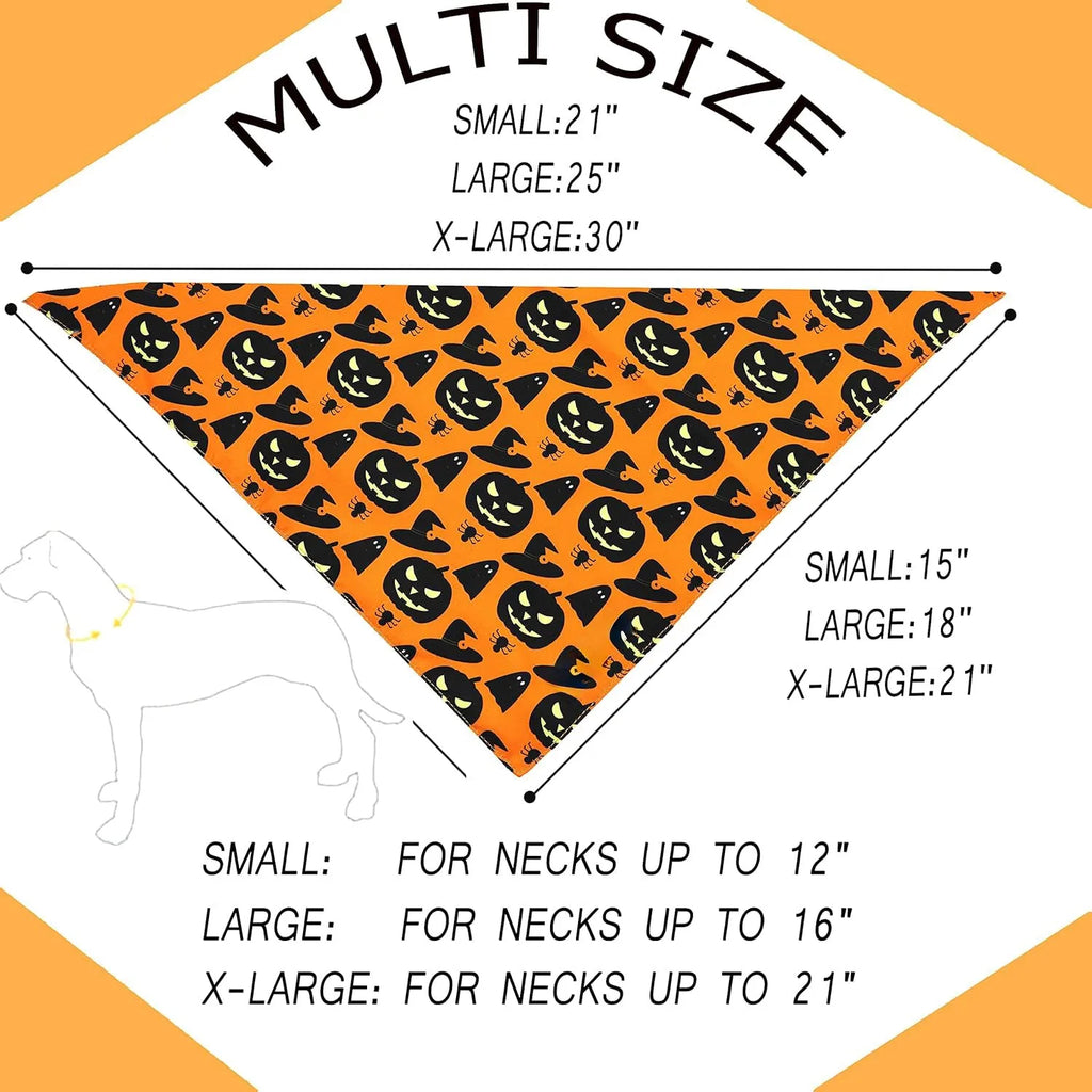 Halloween reversible dog bandana with pumpkin and spider web patterns in black and orange colours