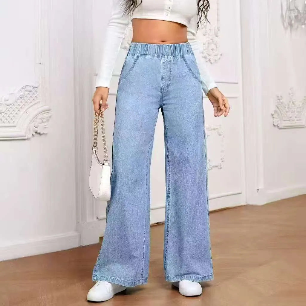 Light blue washed wide-leg women's jeans with straight trouser silhouette