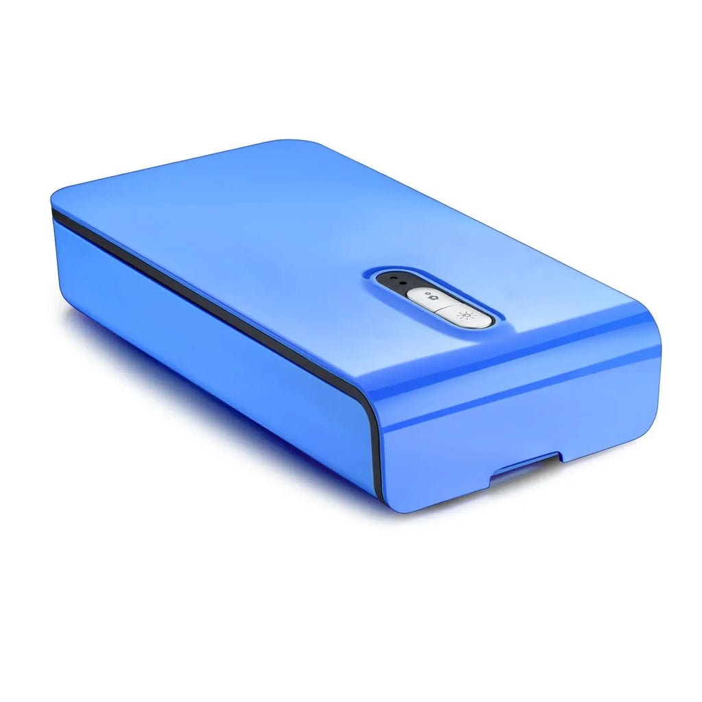 Portable UV phone steriliser box with purple LED light indicator showing disinfection cycle