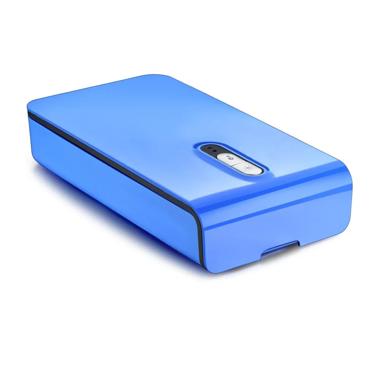 Portable UV phone steriliser box with purple LED light indicator showing disinfection cycle