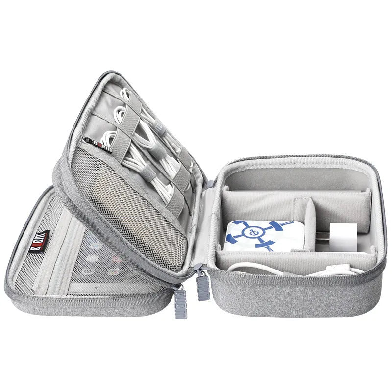Black and grey EVA digital storage organiser bag for headphones and tech accessories, showing single and double layer options.