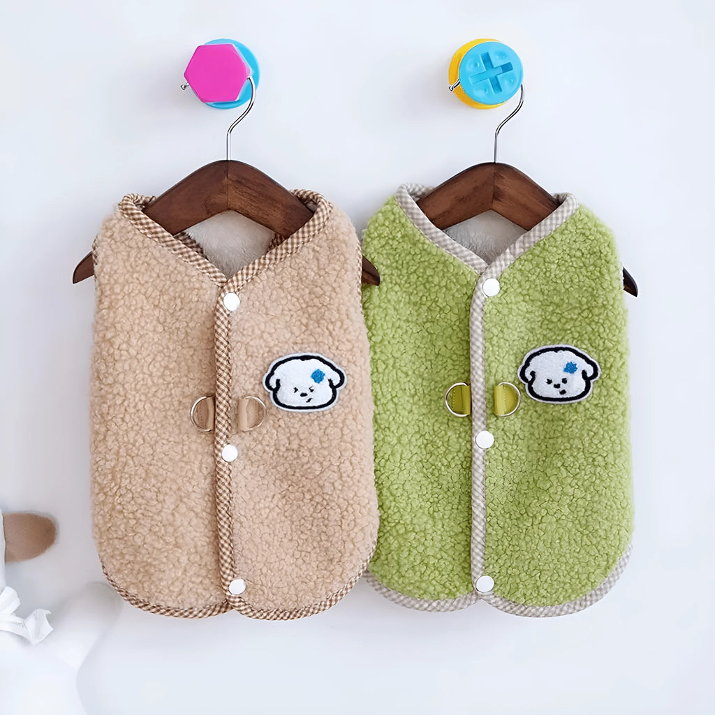 Green coral fleece dog vest with a metal leash ring on the back, sized for a small dog.