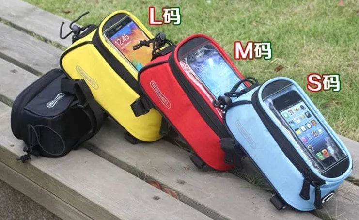 ROSWHEEL waterproof PVC bicycle frame bag for mobile phones, mounted on a bike, shown in black.