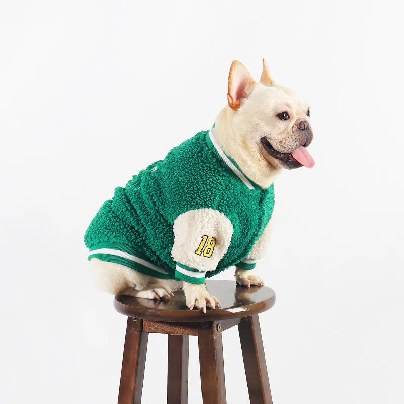 Green fleece-lined cotton winter coat for large dogs on a white background