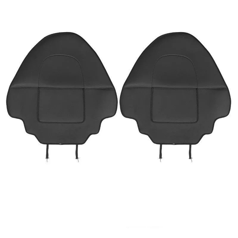 Pair of black leather anti kick pads for car seat backs, showing full coverage and single pocket.