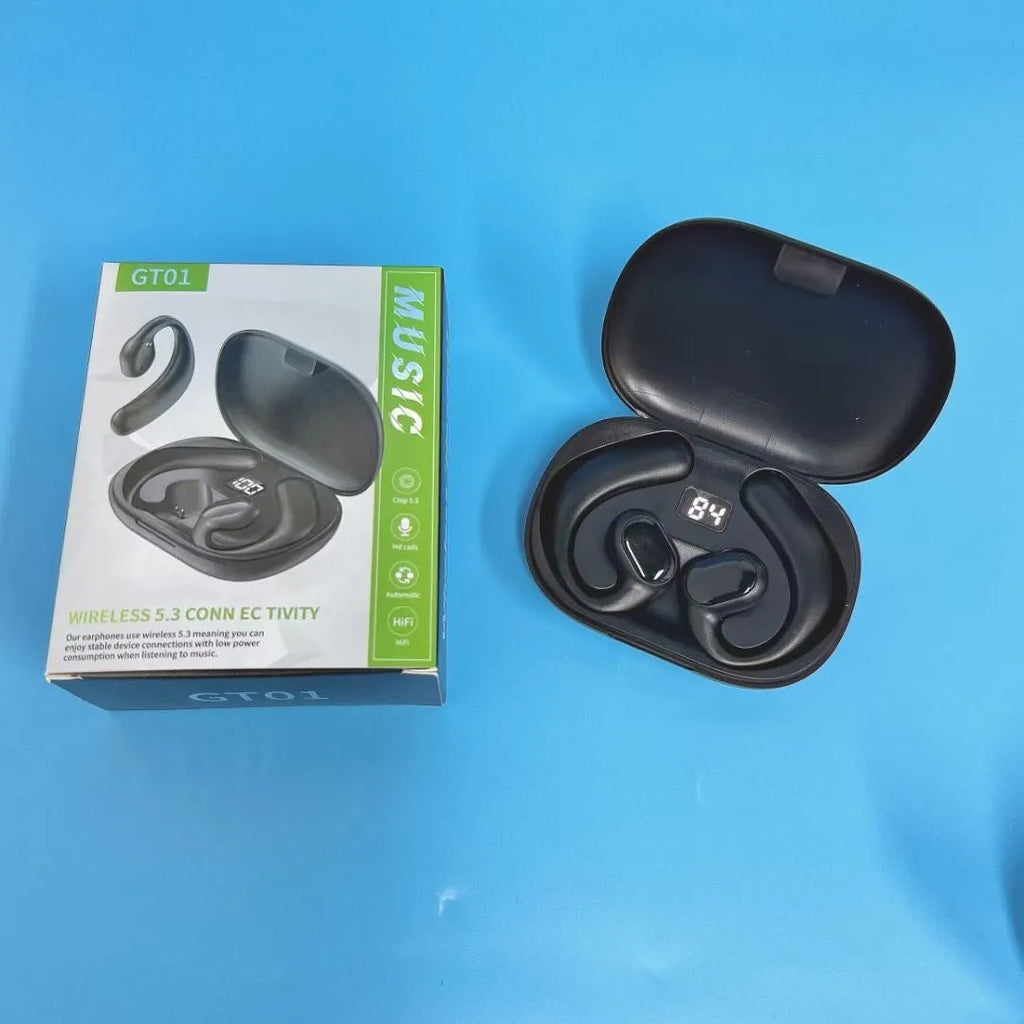 Black and white ear-mounted Bluetooth headset with digital display screen, shown with charging cable.