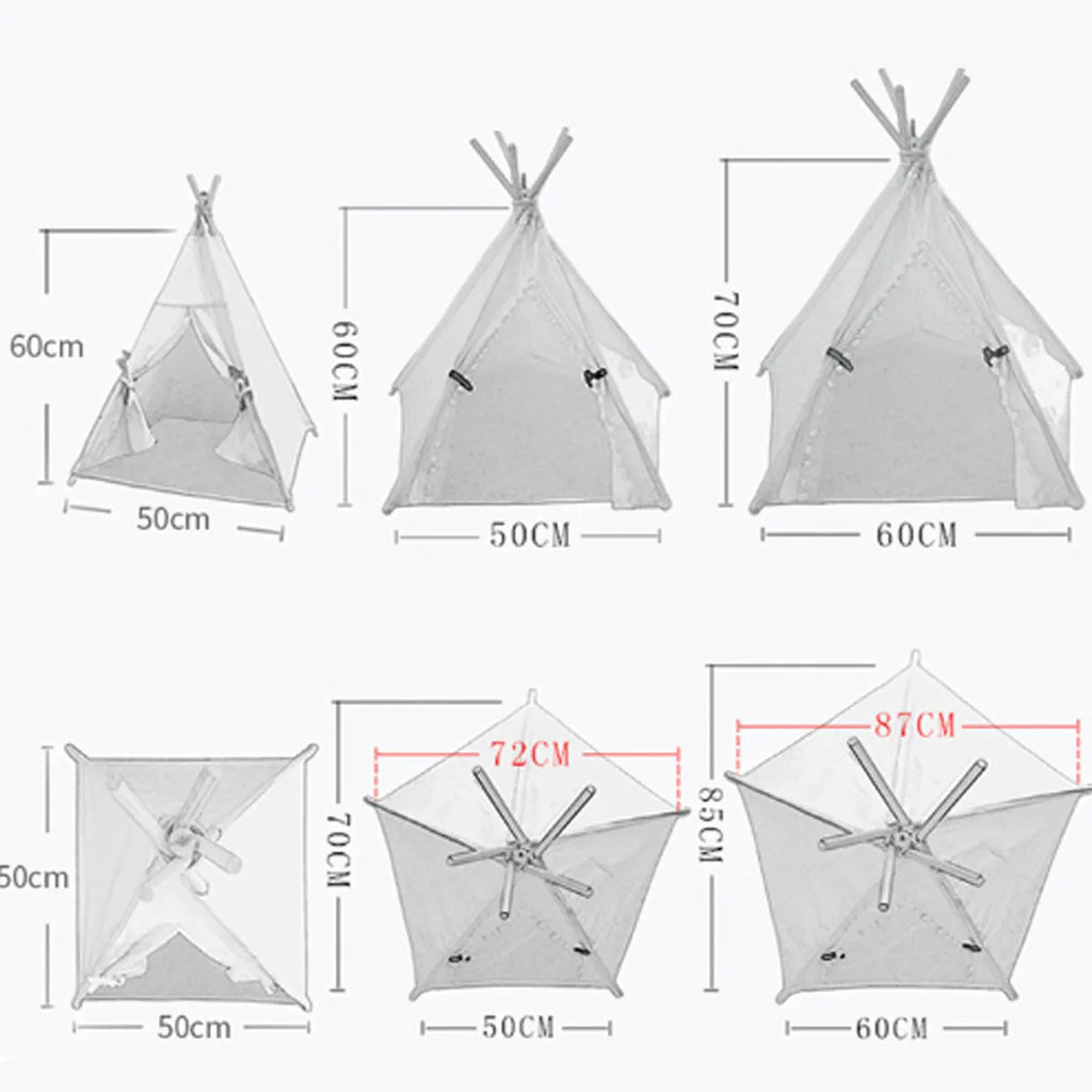 White striped pet teepee tent bed with cushion for a small dog indoors