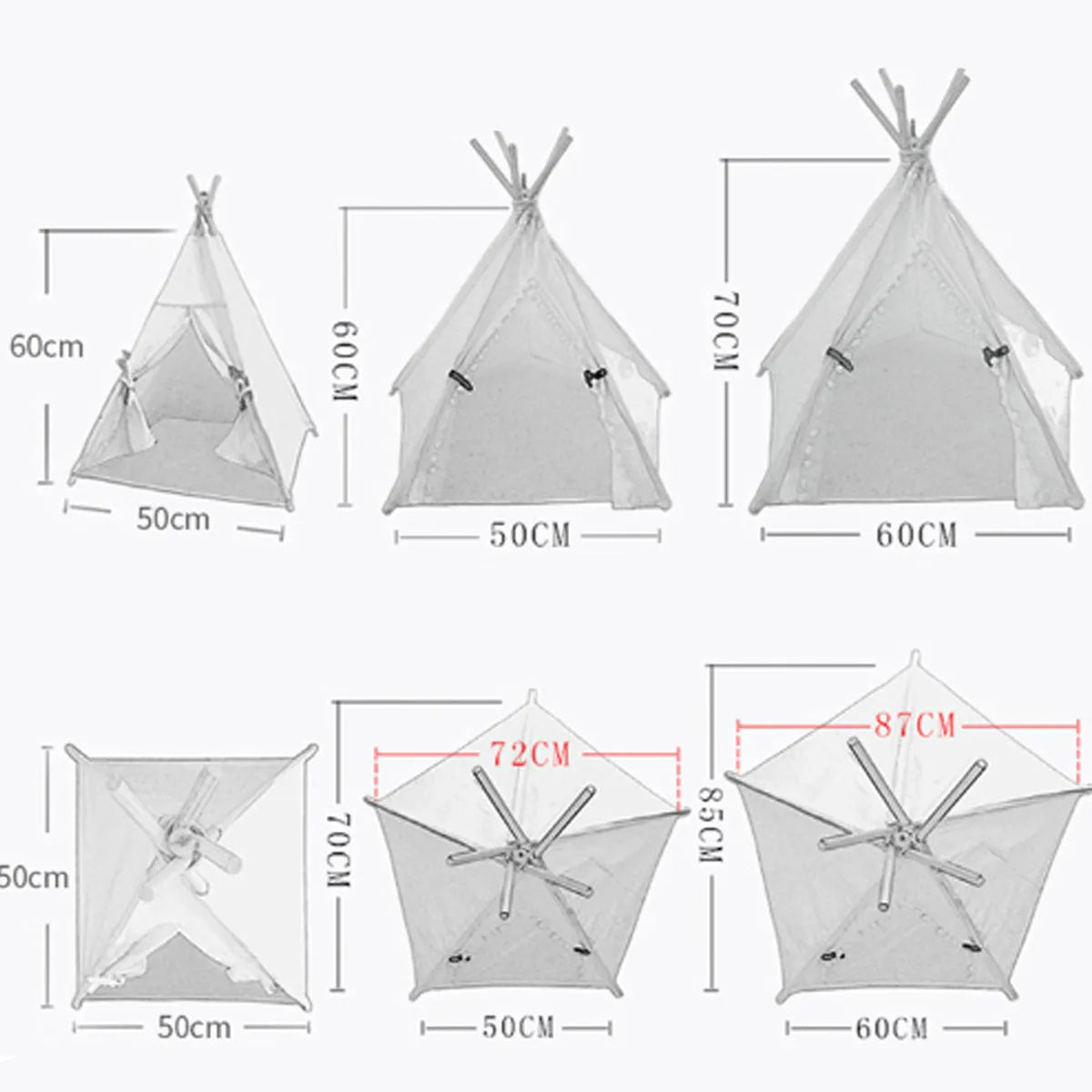 White striped pet teepee tent bed with cushion for a small dog indoors