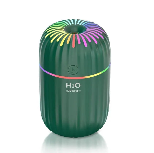 White USB mini humidifier with 300ml tank measuring 75x75x116mm